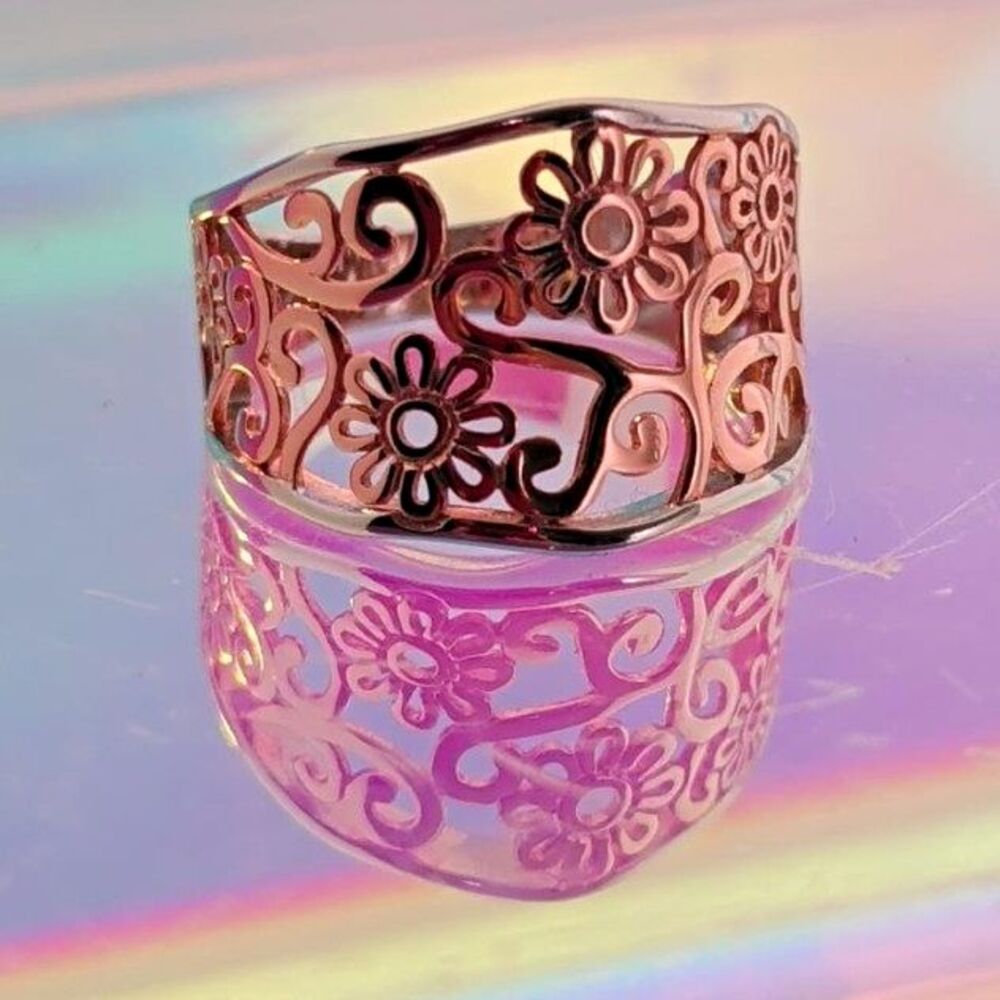 925 Sterling Silver Floral Ring Wide Band Flower Scroll Filigree Statement Ring